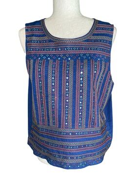 Love Sam Anthropologie Blue Embroidered Sequin Sleeveless Top - L